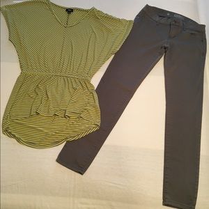 Lime green/gray shirt-gray skinny jeans